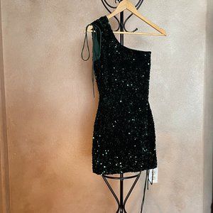 Olivia One Shoulder Sequin Dress in Dark Green